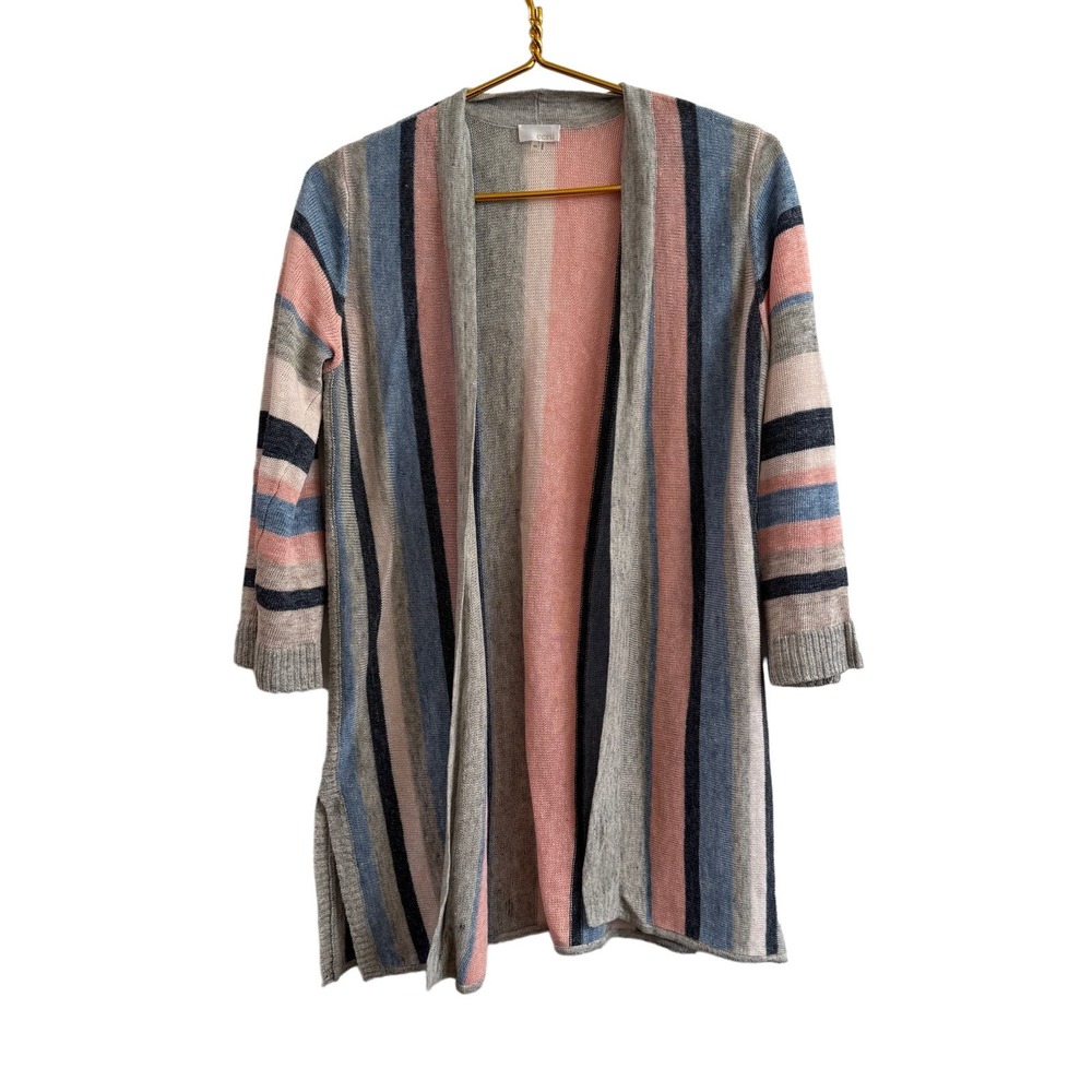 Ecru Striped 100% Linen Open Front Cardigan Sweater Size XS